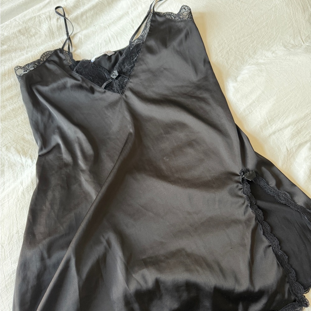 Black Lace Trim Satin Slip Dress - Women Intimates & Sleepwear medium